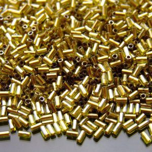 10g Toho Bugle Beads 991 Gold Lined Peridot 3mm