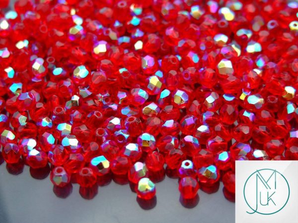 120+ Fire Polished Beads 4mm Siam Ruby AB Michael's UK Jewellery