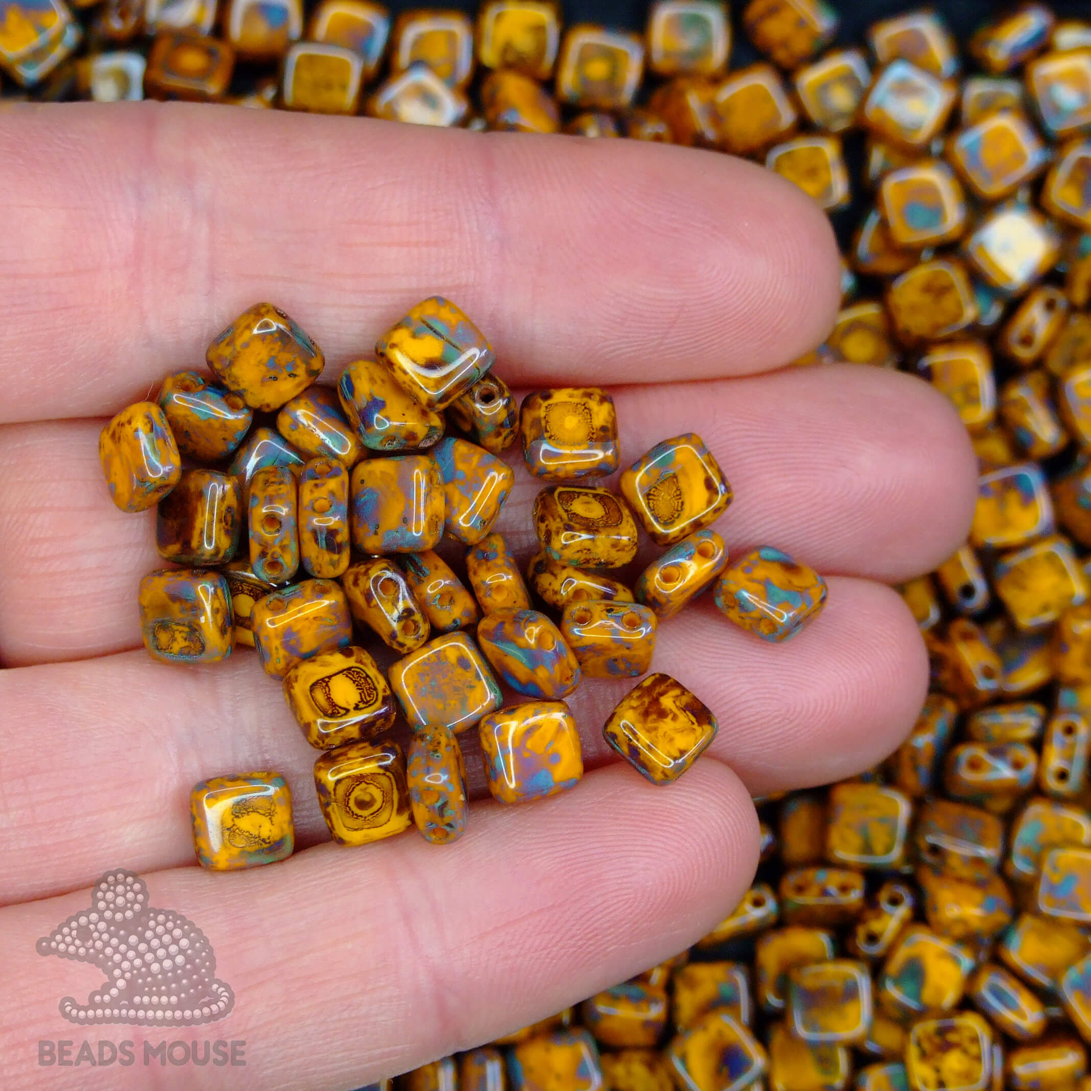 25pcs CzechMates Tile Beads T93110 Opaque Yellow Picasso beadsmouse.co.uk