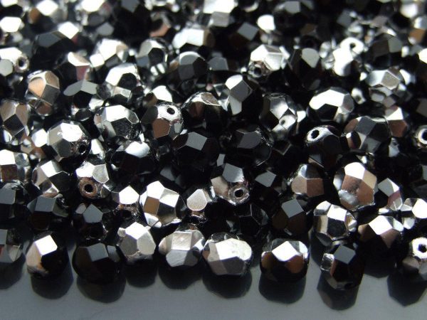 50x Fire Polished Beads 6mm Jet - Silver 1/2 Coat Michael's UK Jewellery
