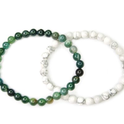 Moss Agate and White Howlite Couple Gemstone Bracelets 7-8'' Elasticated Beaded 6mm