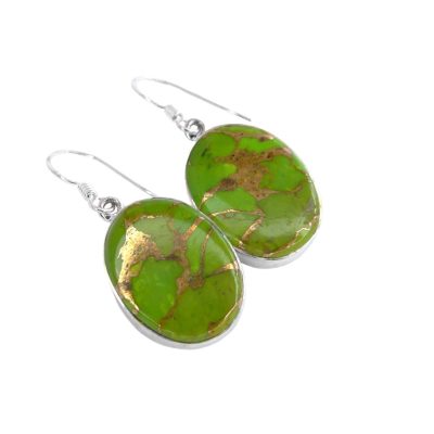 Green Copper Turquoise Natural Gemstone 925 Sterling Silver Earrings