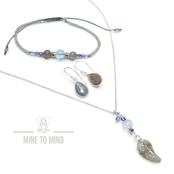 Labradorite Gemstone Jewellery Set | 925 Sterling Silver Angel Wing Pendant Necklace Labradorite Earrings Blue Topaz Labradorite gemstone bracelet minetomind