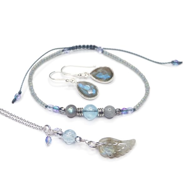 925 Labradorite Gemstone Jewellery Set Angel Wing Pendant Necklace Labradorite Earrings Blue Topaz Labradorite gemstone bracelet minetomind