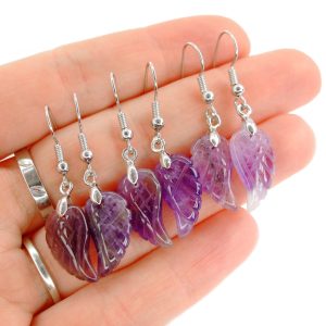 Amethyst Earrings Angel Wing Shape Natural Gemstone with Pouch Michael's UK Jewellery