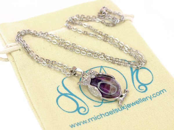 Amethyst Necklace Owl Pendant Natural Gemstone With Pouch Michael's UK Jewellery