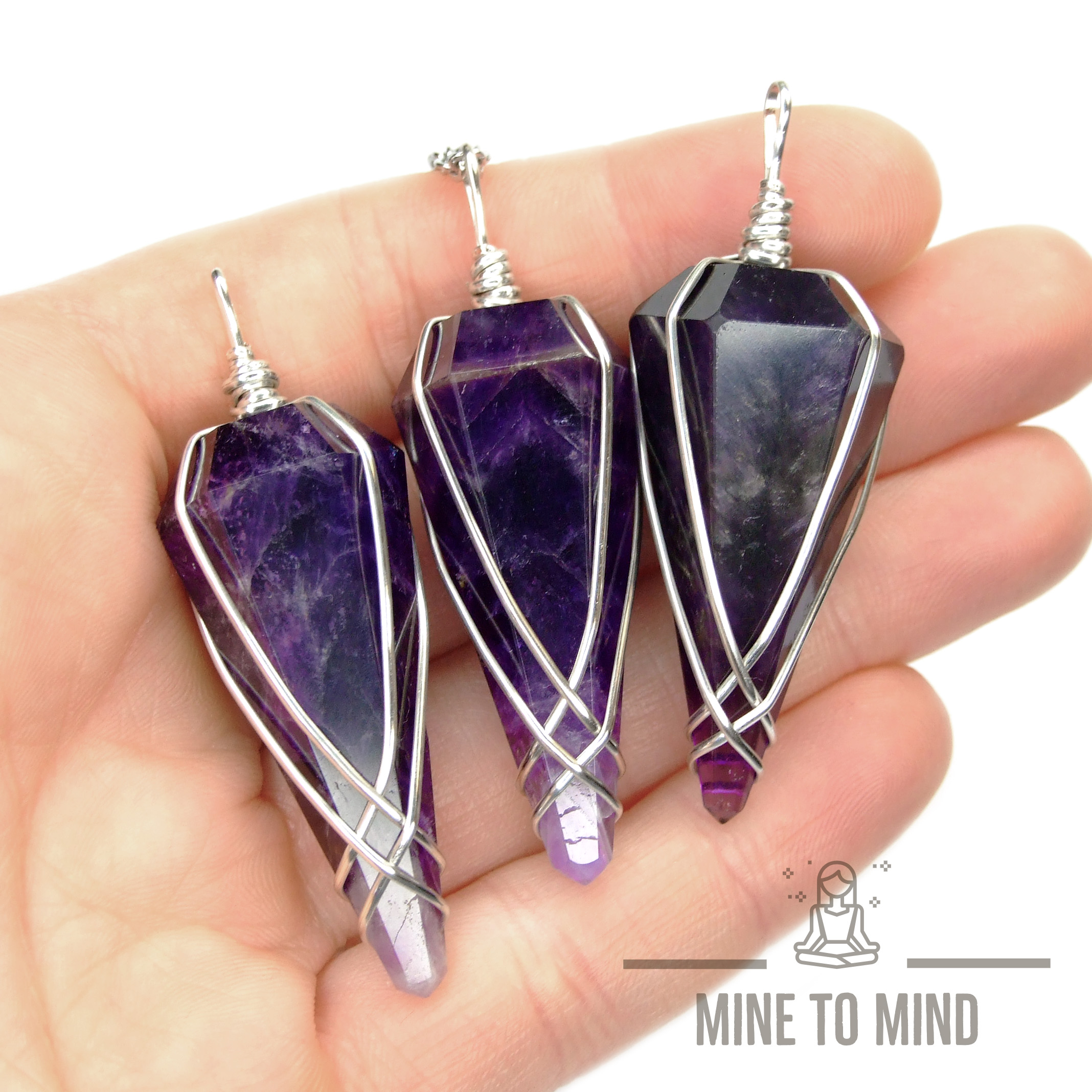 Amethyst Pendulum Necklace Natural Gemstone With Chain Divination Energy Healing beads mouse - mine to mind