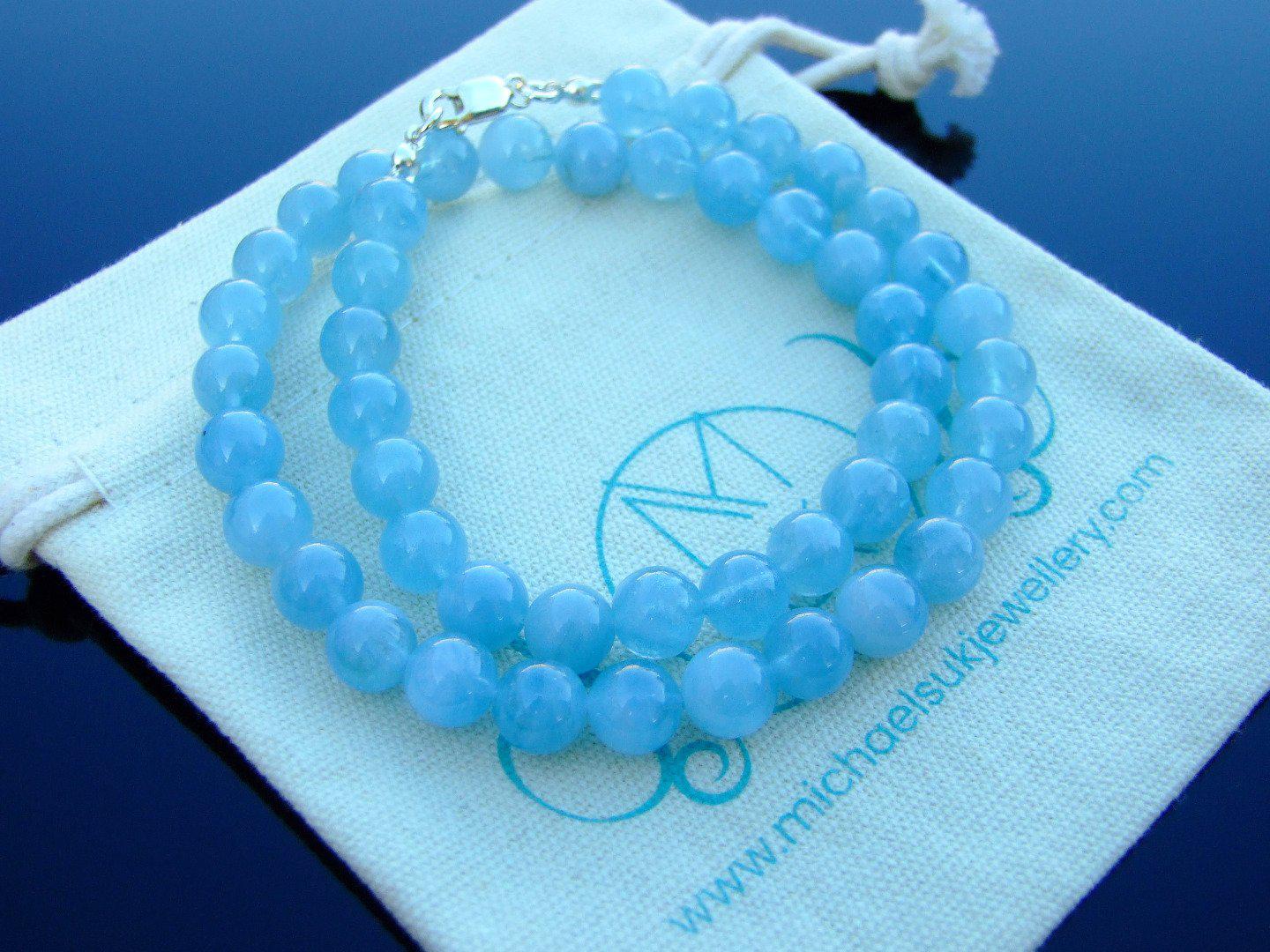 Aquamarine Natural Gemstone Necklace 8mm Beaded 16-30inch Michael's UK Jewellery