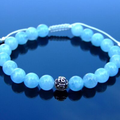Aquamarine Om Sterling Silver Natural Gemstone Bracelet 6-9'' Macrame Michael's UK Jewellery