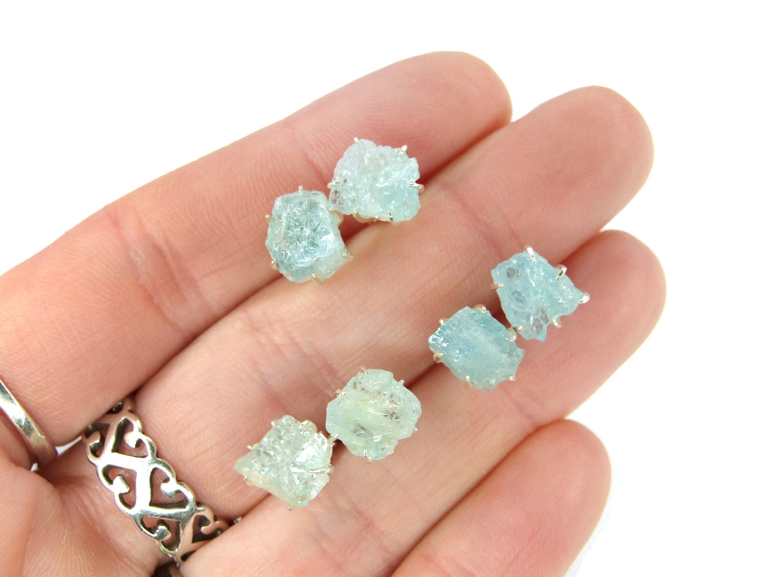 Aquamarine Rough Natural Gemstone 925 Sterling Silver Earrings Michael's UK Jewellery