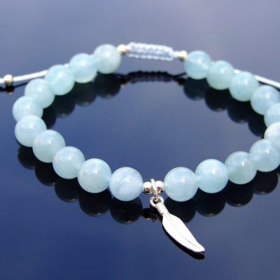 Aquamarine Sterling Silver Feather Natural Gemstone Bracelet 6-9'' Macrame Michael's UK Jewellery