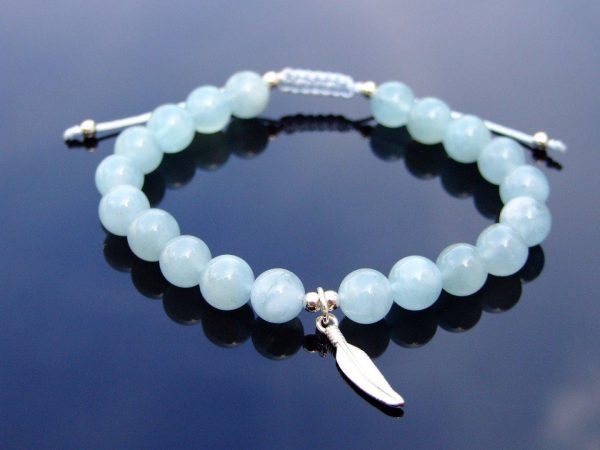 Aquamarine Sterling Silver Feather Natural Gemstone Bracelet 6-9'' Macrame Michael's UK Jewellery