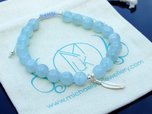 Aquamarine Sterling Silver Feather Natural Gemstone Bracelet 6-9'' Macrame Michael's UK Jewellery