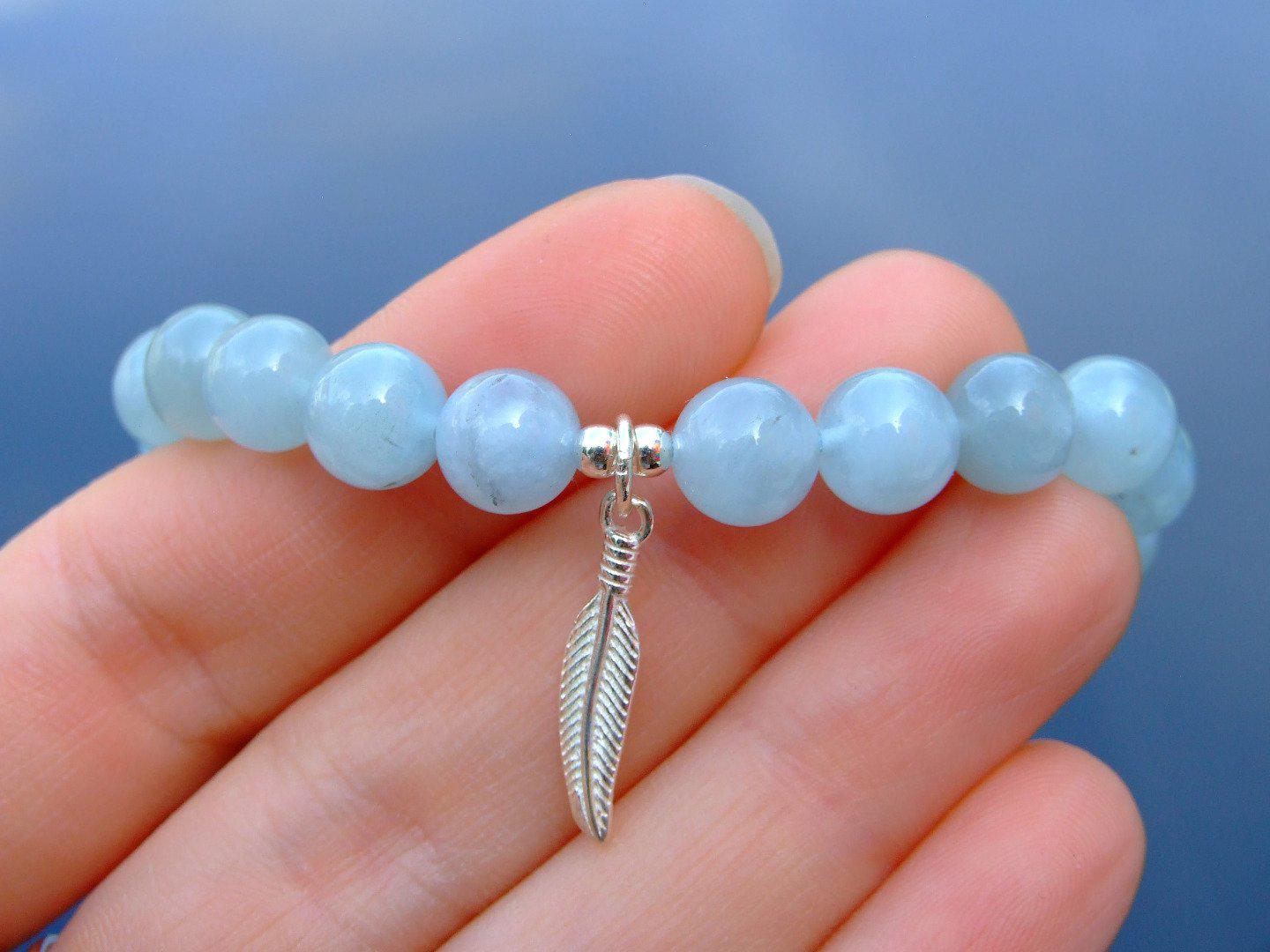 Aquamarine Sterling Silver Feather Natural Gemstone Bracelet 6-9'' Macrame Michael's UK Jewellery