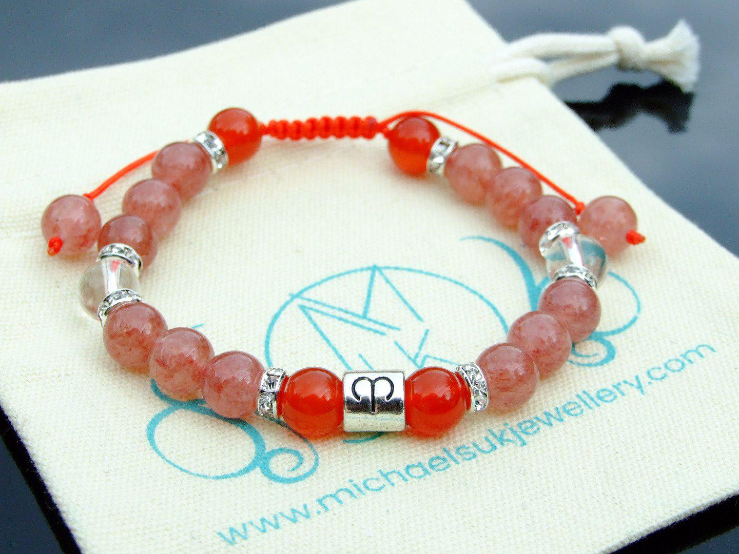 Aries Carnelian Strawberry Quartz Birthstone Bracelet 6-9'' Macrame Michael's UK Jewellery