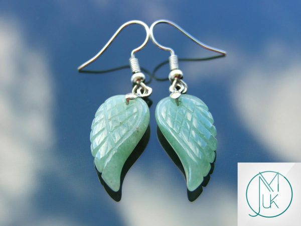 Aventurine Earrings Angel Wing Shape Natural Gemstone with Pouch Michael's UK Jewellery