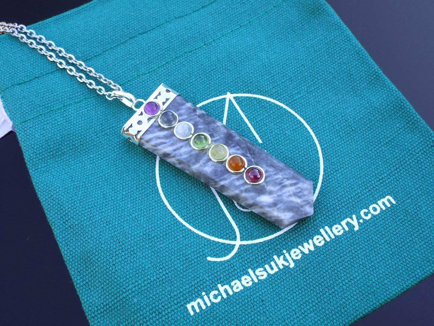 Black Moonstone 7 Chakra Natural Gemstone Pendant Necklace 50cm Michael's UK Jewellery