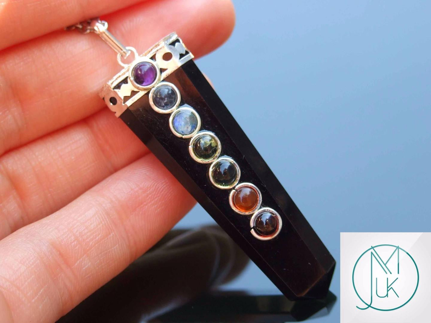 Black Obsidian 7 Chakra Natural Gemstone Pendant Necklace 50cm Michael's UK Jewellery