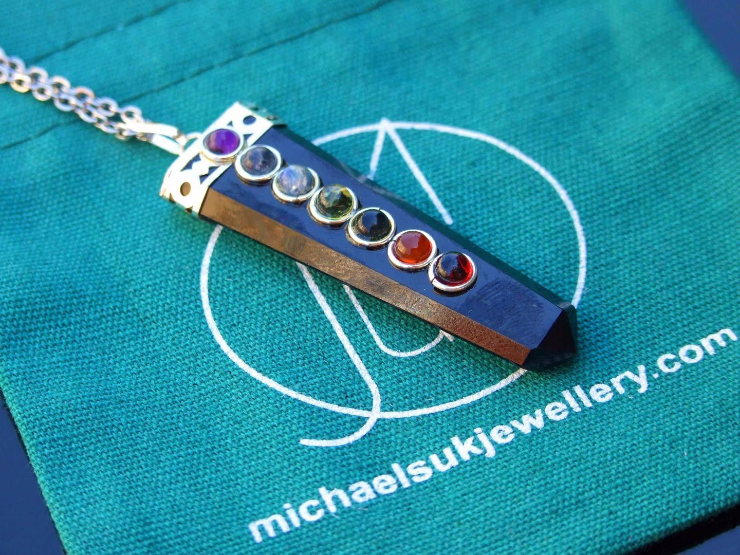 Black Obsidian 7 Chakra Natural Gemstone Pendant Necklace 50cm Michael's UK Jewellery