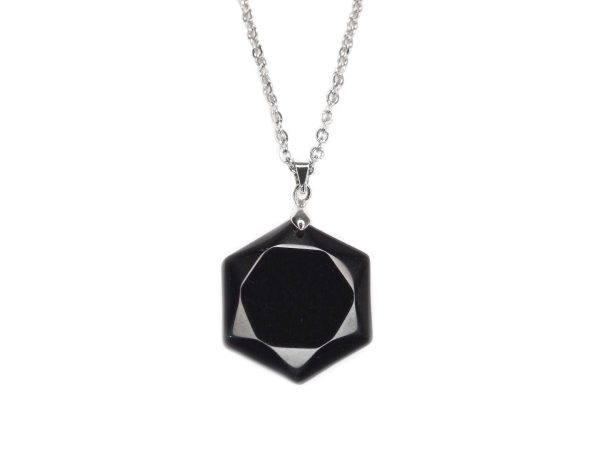 Gemstone Necklace Black Obsidian Hexagon Pendant Natural beads mouse