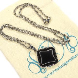 Black Obsidian Necklace Square Shape Pendant Natural Gemstone with Pouch Michael's UK Jewellery
