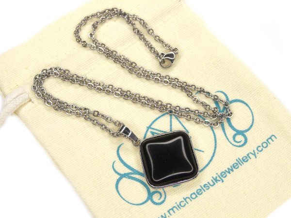 Black Obsidian Necklace Square Shape Pendant Natural Gemstone with Pouch Michael's UK Jewellery