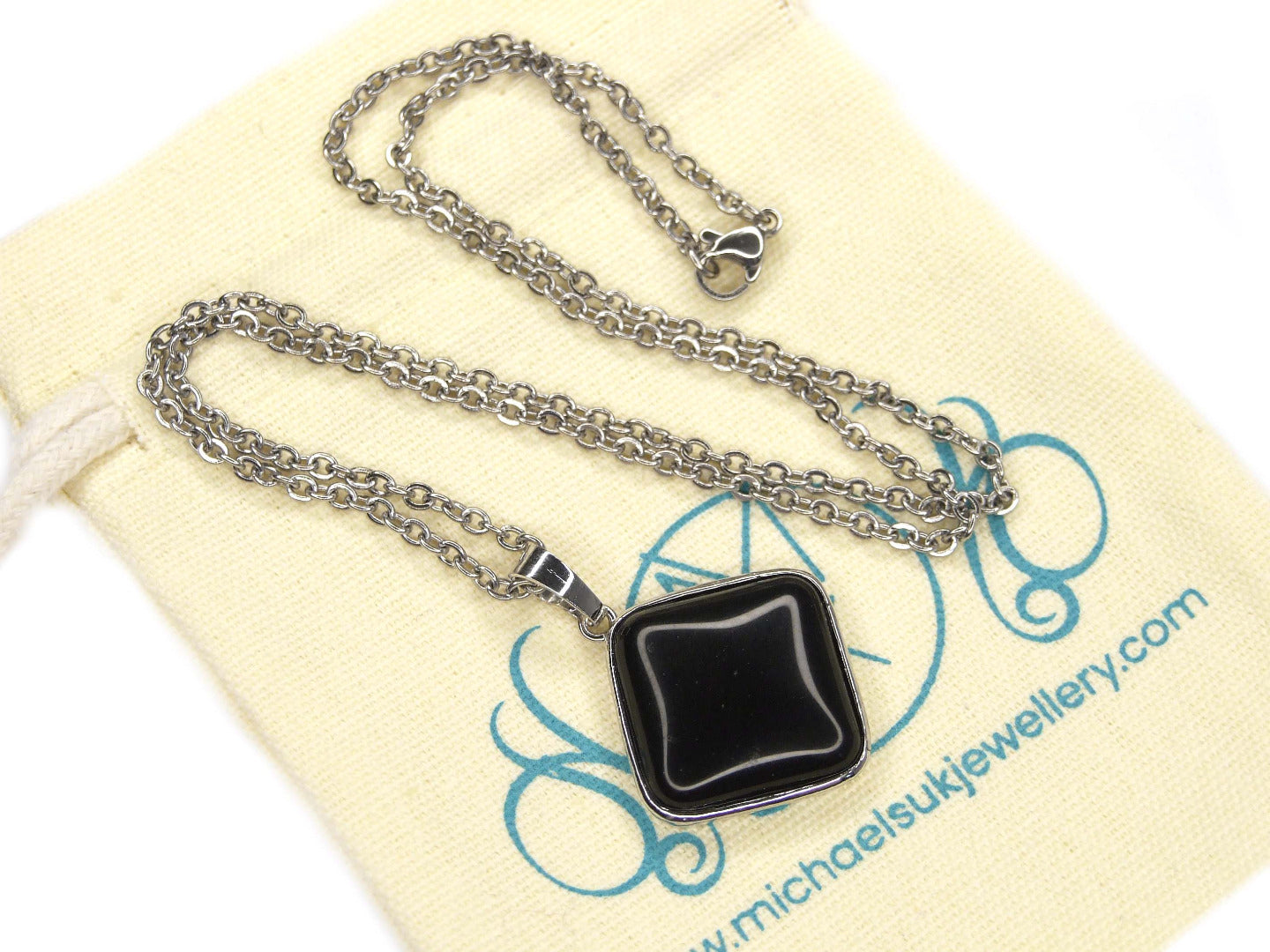 Black Obsidian Necklace Square Shape Pendant Natural Gemstone with Pouch Michael's UK Jewellery