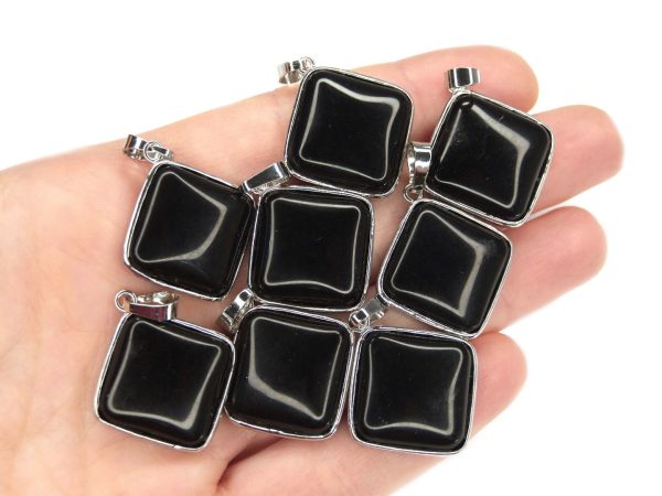 Black Obsidian Necklace Square Shape Pendant Natural Gemstone with Pouch Michael's UK Jewellery