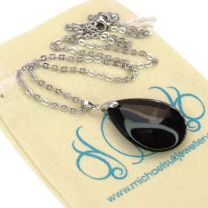 Black Obsidian Necklace Tear Pendant Natural Gemstone 50cm Chain with Pouch Michael's UK Jewellery