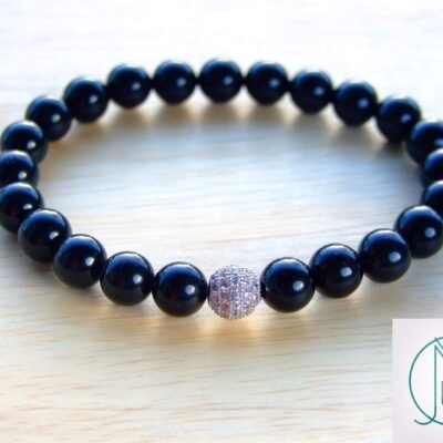 Black Obsidian Silver Micro Pave Gemstone Bracelet 6-9'' Elasticated Michael's UK Jewellery