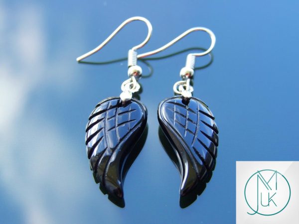 Black Onyx Earrings Angel Wing Shape Natural Gemstone with Pouch Michael's UK Jewellery