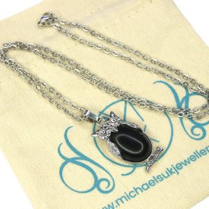 Black Onyx Necklace Owl Pendant Natural Gemstone With Pouch Michael's UK Jewellery