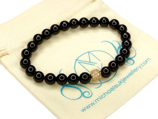 Black Tourmaline Bracelet with Gold Micro Pave Bead Natural Gemstone 6-9'' Elasticated With Pouch Michael's UK Jewellery