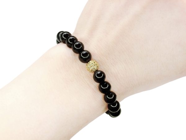 Black Tourmaline Bracelet with Gold Micro Pave Bead Natural Gemstone 6-9'' Elasticated With Pouch Michael's UK Jewellery