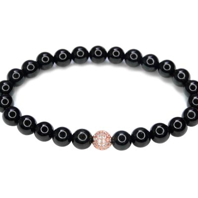 Black Tourmaline Bracelet with Rose Gold Micro Pave Bead Natural Gemstone 6-9'' Elasticated With Pouch Michael's UK Jewellery
