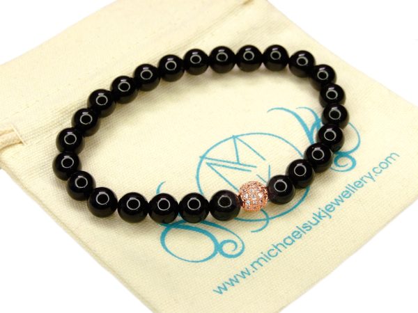 Black Tourmaline Bracelet with Rose Gold Micro Pave Bead Natural Gemstone 6-9'' Elasticated With Pouch Michael's UK Jewellery