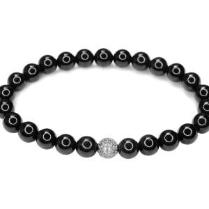 Black Tourmaline Bracelet with Silver Micro Pave Bead Natural Gemstone 6-9'' Elasticated With Pouch Michael's UK Jewellery