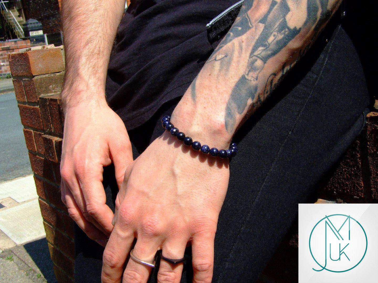 Blue Goldstone Manmade Gemstone Bracelet 6-9'' Elasticated Michael's UK Jewellery