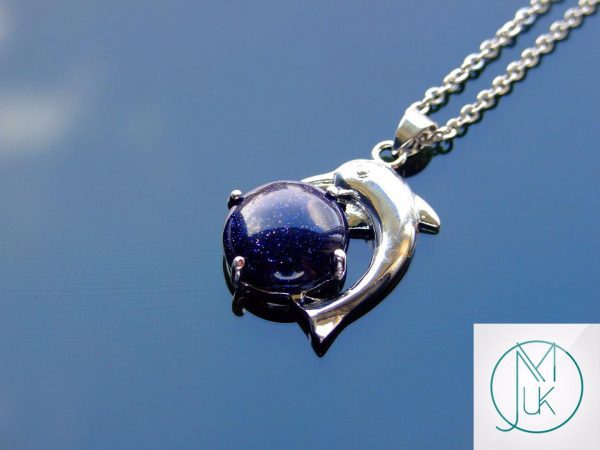 Blue Goldstone Necklace Dolphin Pendant Manmade Gemstone With Pouch Michael's UK Jewellery