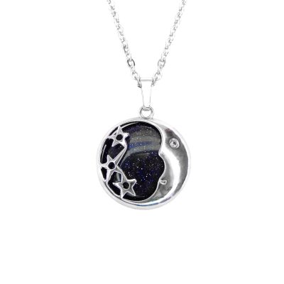 Blue Goldstone Necklace Moon Shape Pendant Manmade Gemstone With Pouch Michael's UK Jewellery