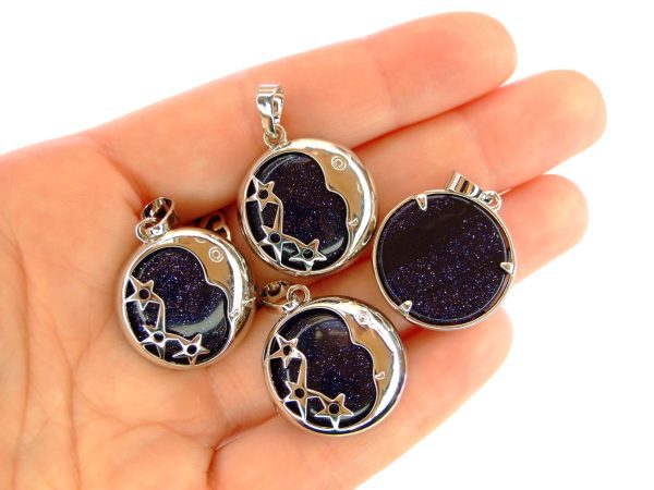 Blue Goldstone Necklace Moon Shape Pendant Manmade Gemstone With Pouch Michael's UK Jewellery