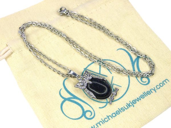 Blue Goldstone Necklace Owl Pendant Manmade Gemstone With Pouch Michael's UK Jewellery