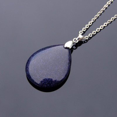 Blue Goldstone Necklace Tear Pendant Manmade Gemstone 50cm Chain with Pouch Michael's UK Jewellery
