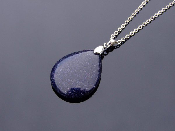Blue Goldstone Necklace Tear Pendant Manmade Gemstone 50cm Chain with Pouch Michael's UK Jewellery