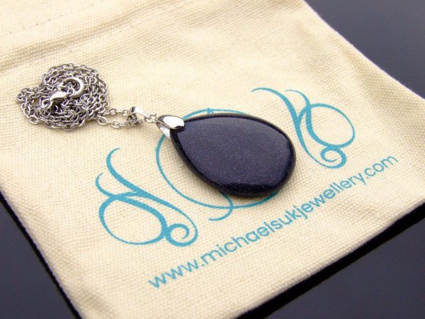 Blue Goldstone Necklace Tear Pendant Manmade Gemstone 50cm Chain with Pouch Michael's UK Jewellery