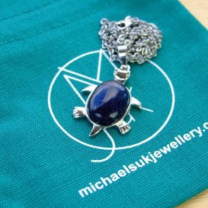 Blue Goldstone Necklace Turtle Pendant Manmade Gemstone With Pouch Michael's UK Jewellery