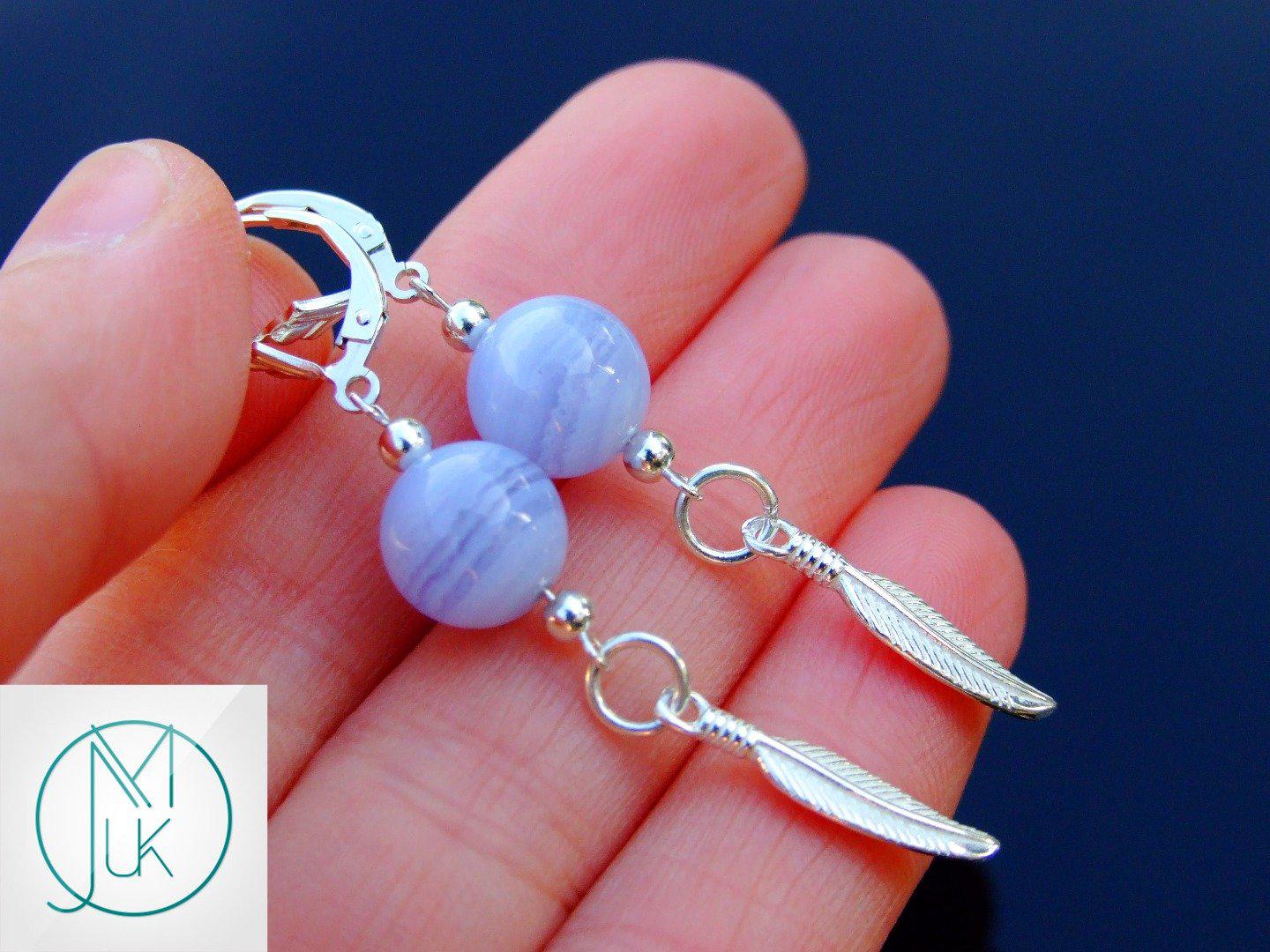 Blue Lace Agate Natural Gemstone Feather 925 Sterling Silver Earrings Michael's UK Jewellery