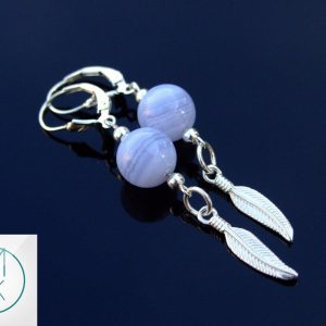 Blue Lace Agate Natural Gemstone Feather 925 Sterling Silver Earrings Michael's UK Jewellery