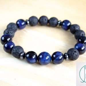 Blue Tigers Eye/Lava Natural Gemstone Bracelet 7-7.5'' Elasticated Michael's UK Jewellery