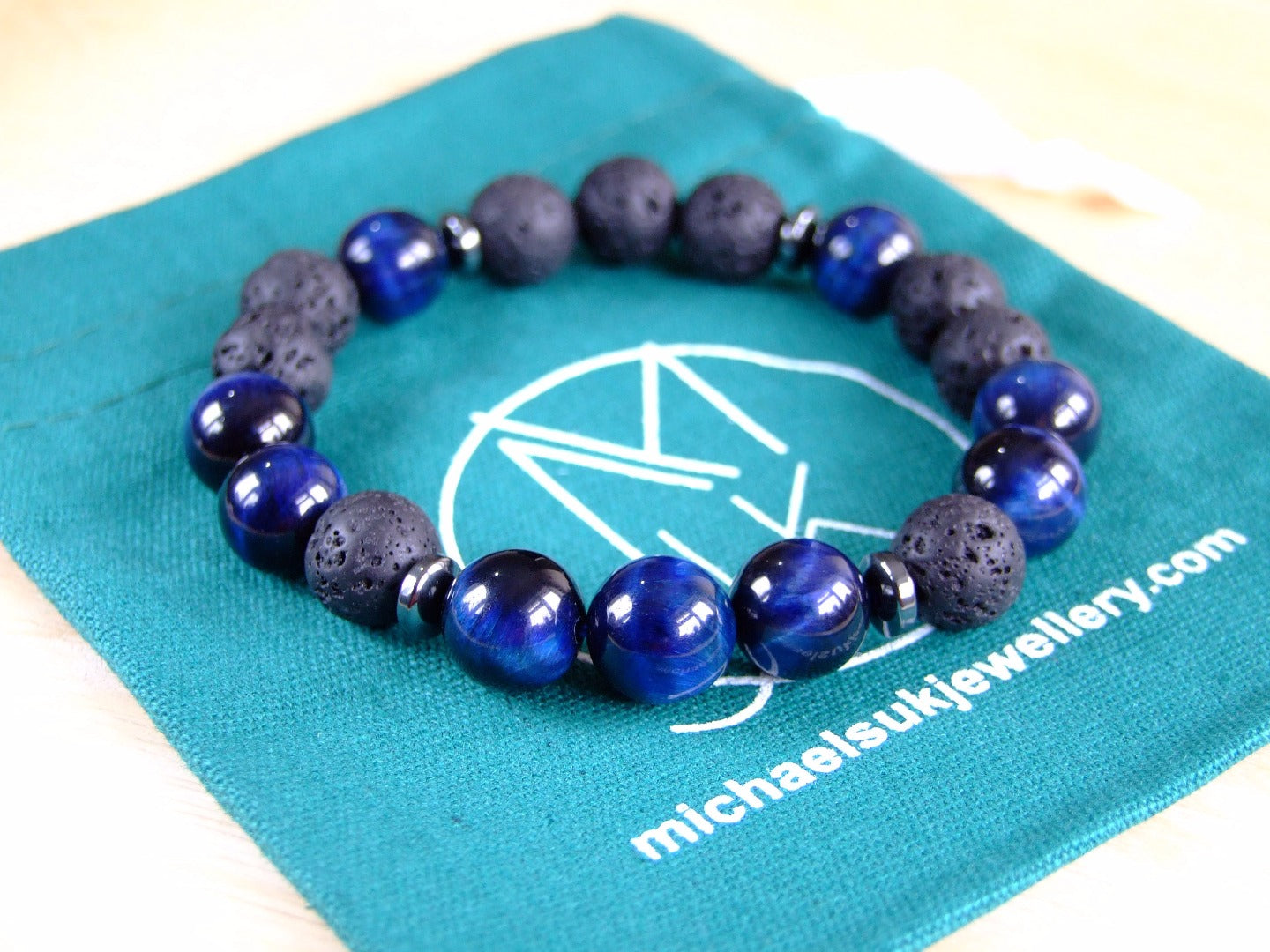 Blue Tigers Eye/Lava Natural Gemstone Bracelet 7-7.5'' Elasticated Michael's UK Jewellery